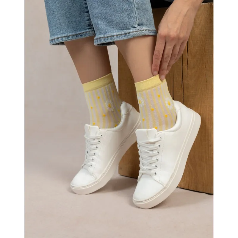 Socquettes fil d'écosse rayures marguerite citronnelle - Bleu forêt