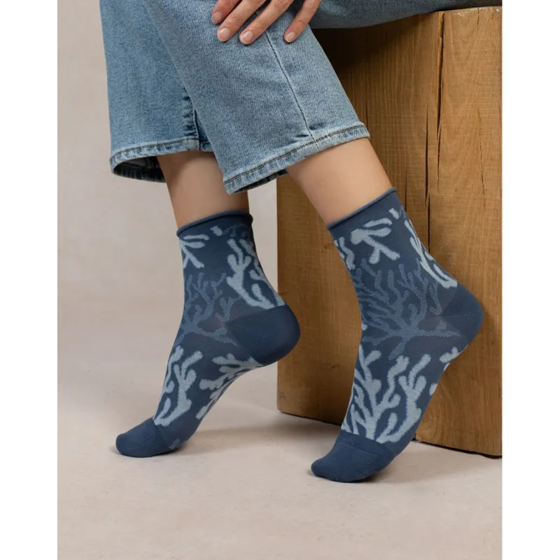 Socquettes veloutées coraux bleu ardoise femme - Bleu forêt