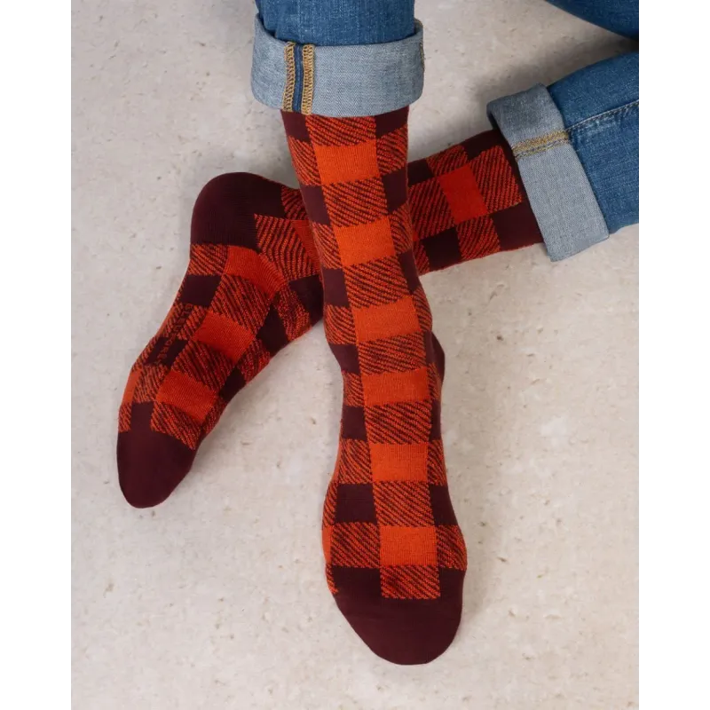 Chaussettes laine merinos Damiers chianti - Bleu Forêt