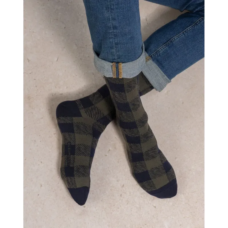 Chaussettes laine merinos Damiers marine - Bleu Forêt