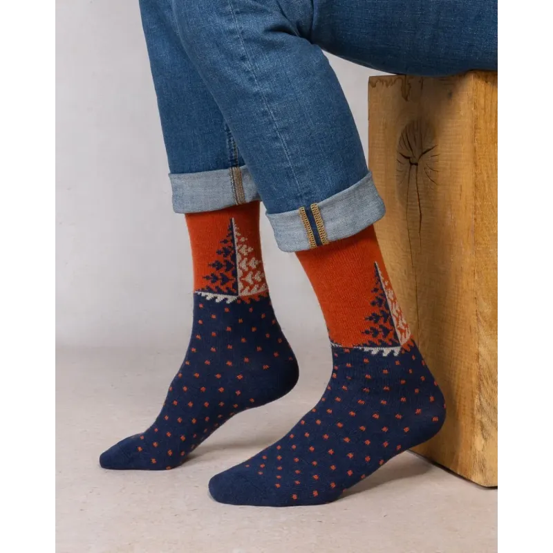 Chaussettes laine cachemire sapin rouille - Bleu Forêt