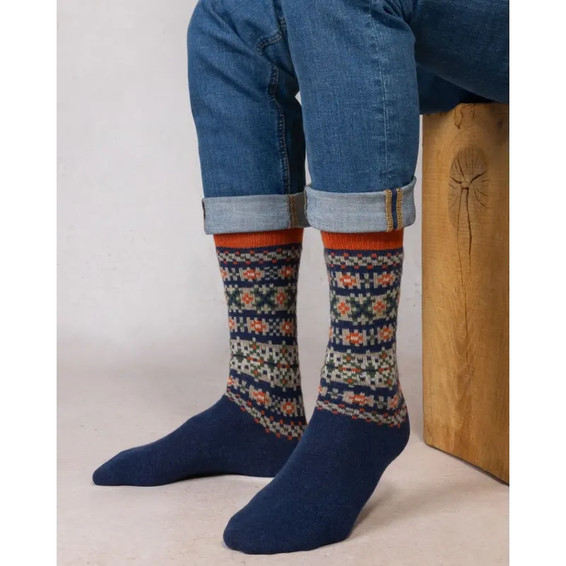 Chaussettes laine cachemire jacquard marine - Bleu Forêt