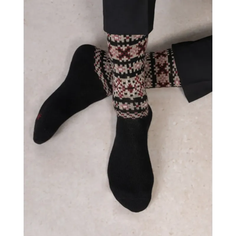 Chaussettes laine cachemire jacquard noir - Bleu Forêt