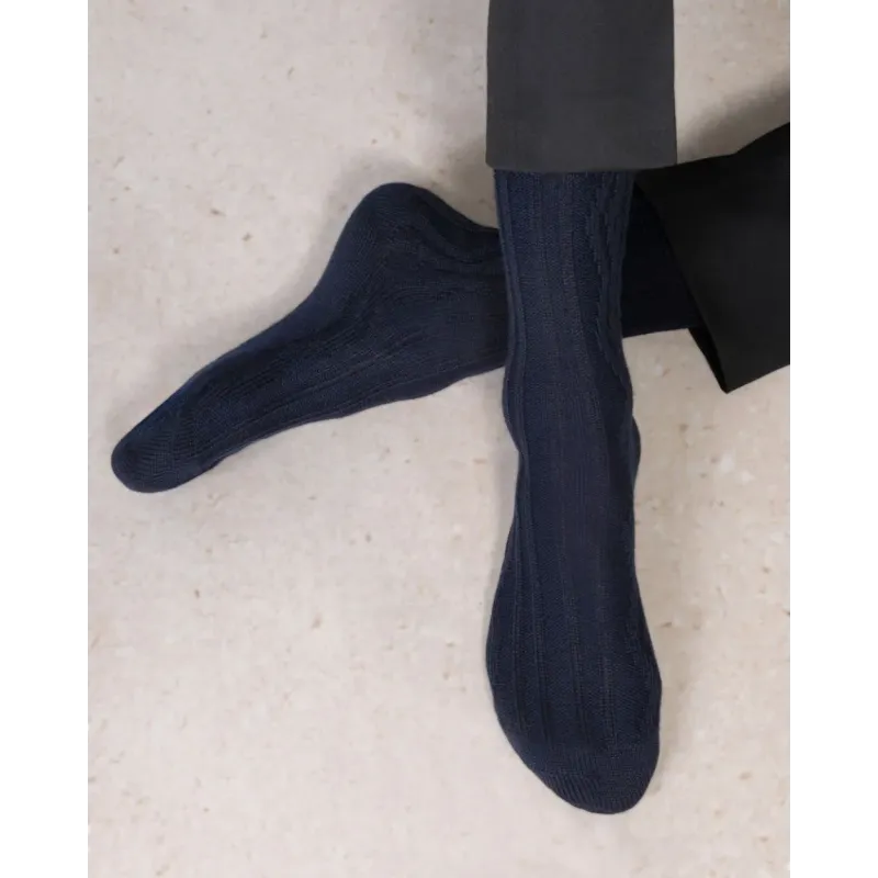 Chaussettes torsades laine merinos marine - Bleu Forêt