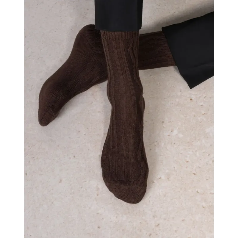 Chaussettes torsades laine merinos café - Bleu Forêt